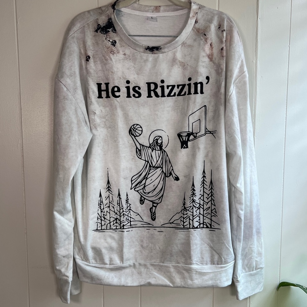 ‘He is Rizzin’ Graphic Print White Sweater size Large Unbranded